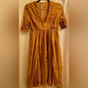 Free People Crochet Lace Mountain Laurel Midi Dress | RARE Mustard Gold | XS
